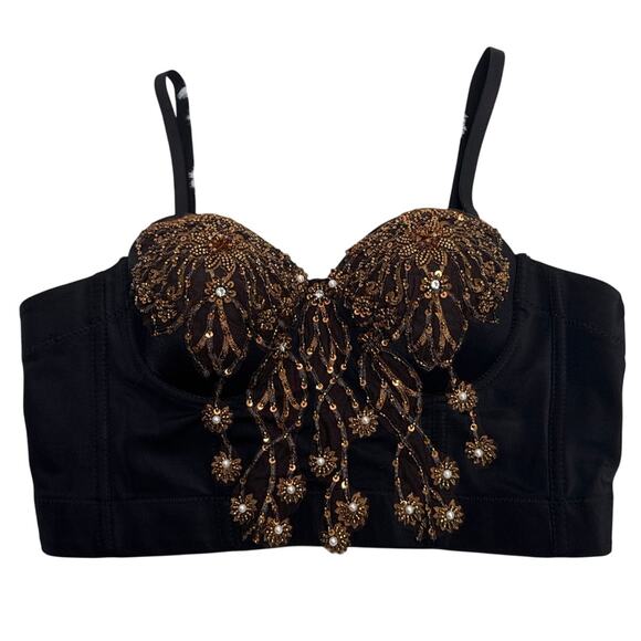 Beaded sequin 3D floral Crop bustier bra top gold black removable straps large - Picture 3 of 16